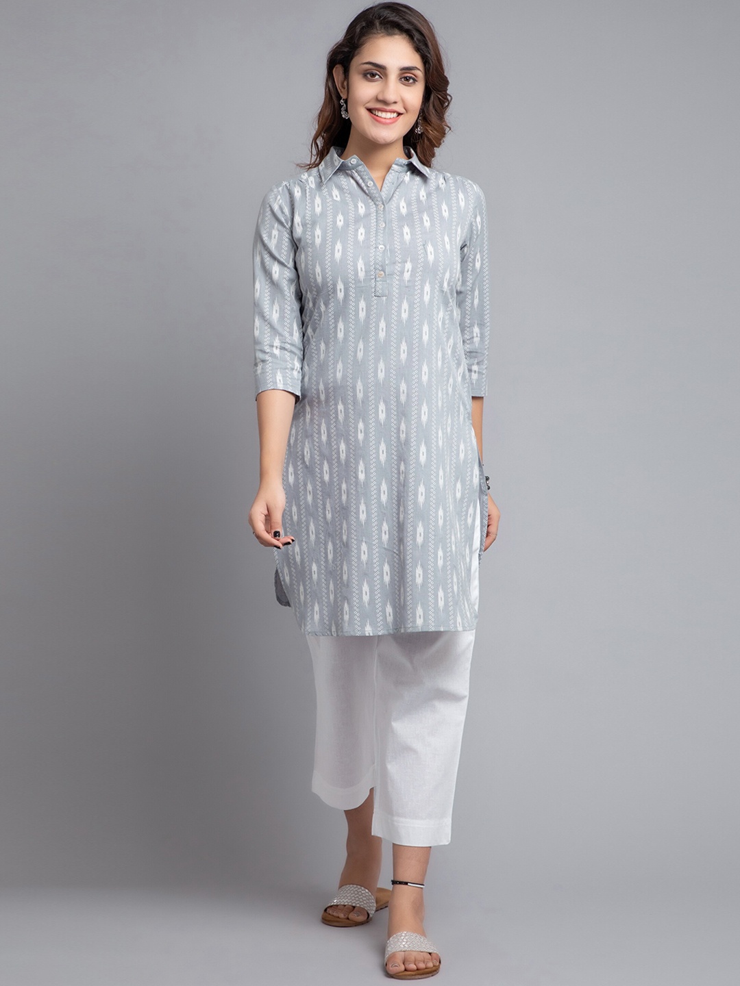 

SUTI Abstract Printed Shirt Collar Curved Pathani Cotton Kurta, Grey