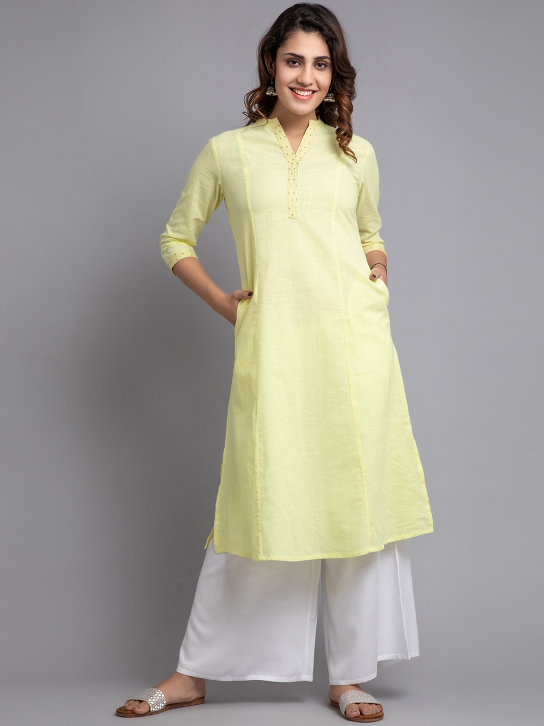 

SUTI Thread Work Sequined Panelled A-Line Cotton Kurta, Yellow