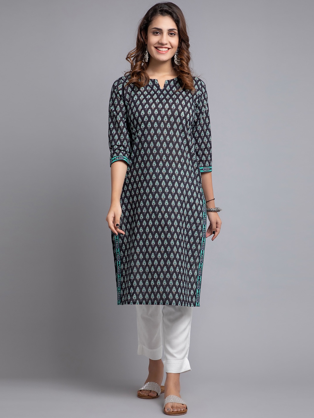 

SUTI Ethnic Motifs Printed Notched Neck Cotton Kurta, Navy blue