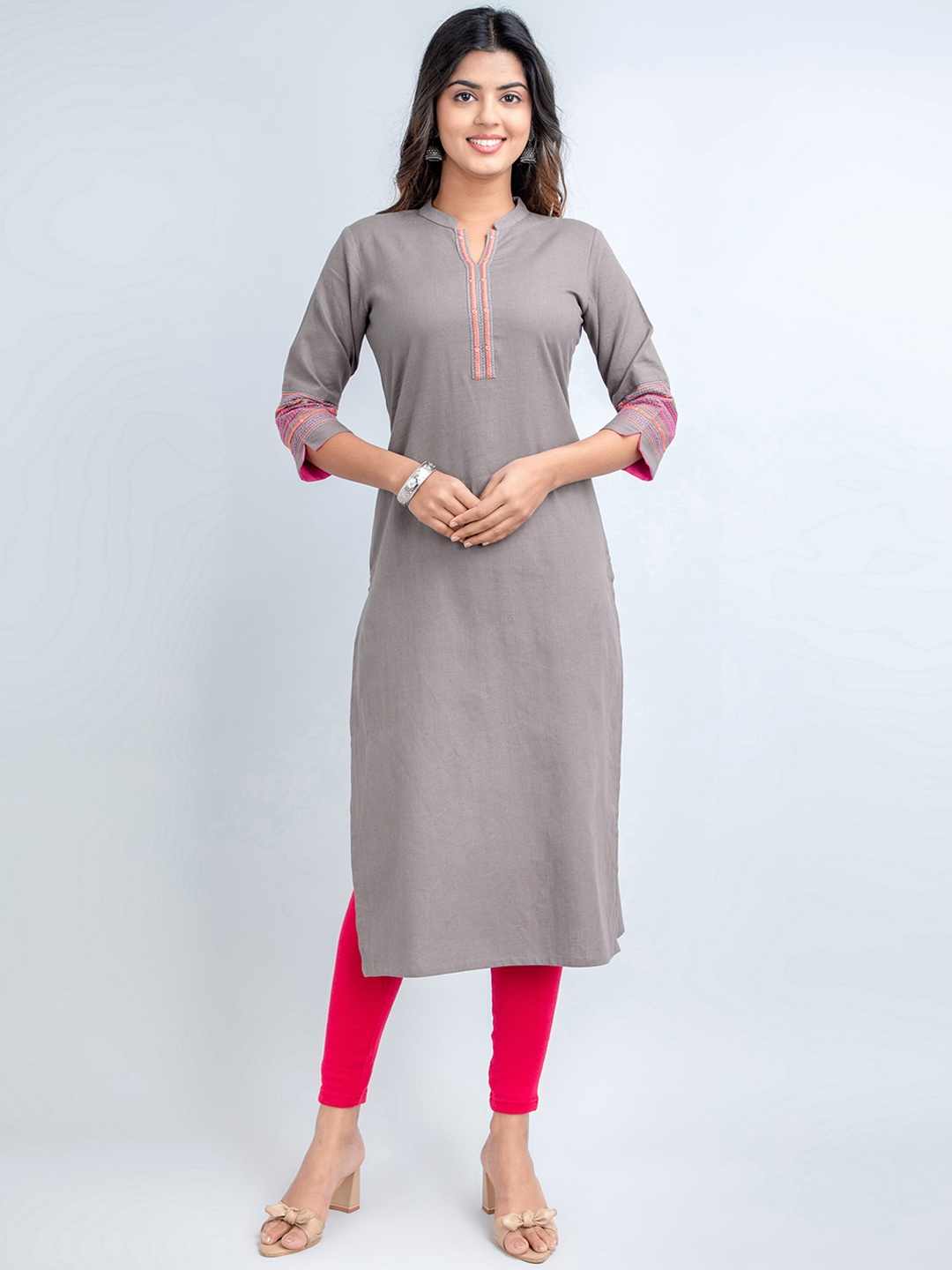 

SUTI Ethnic Motifs Embroidered Mandarin Collar Mirror Work Cotton Kurta, Taupe