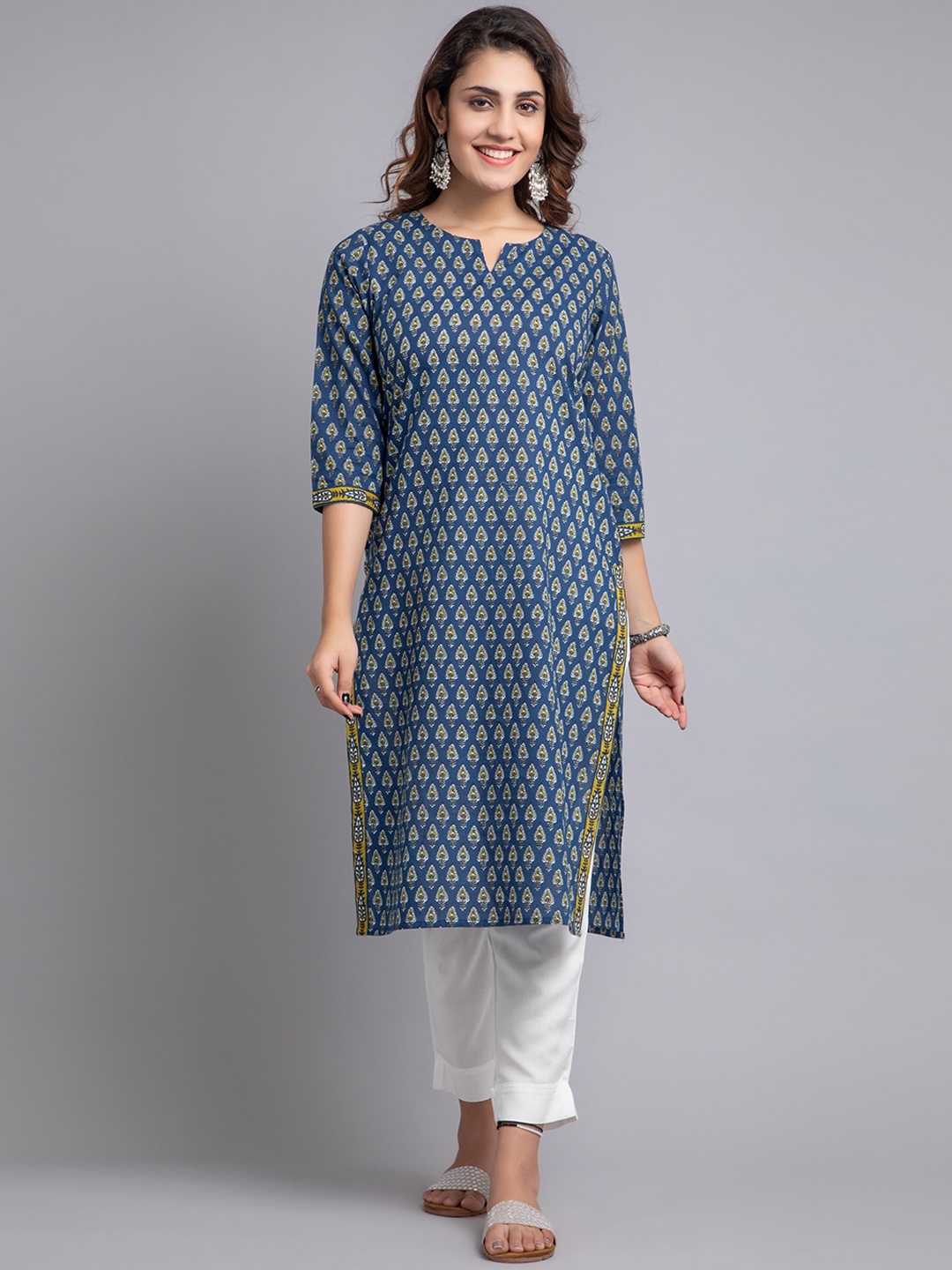 

SUTI Ethnic Motifs Printed Notched Neck Cotton Kurta, Navy blue