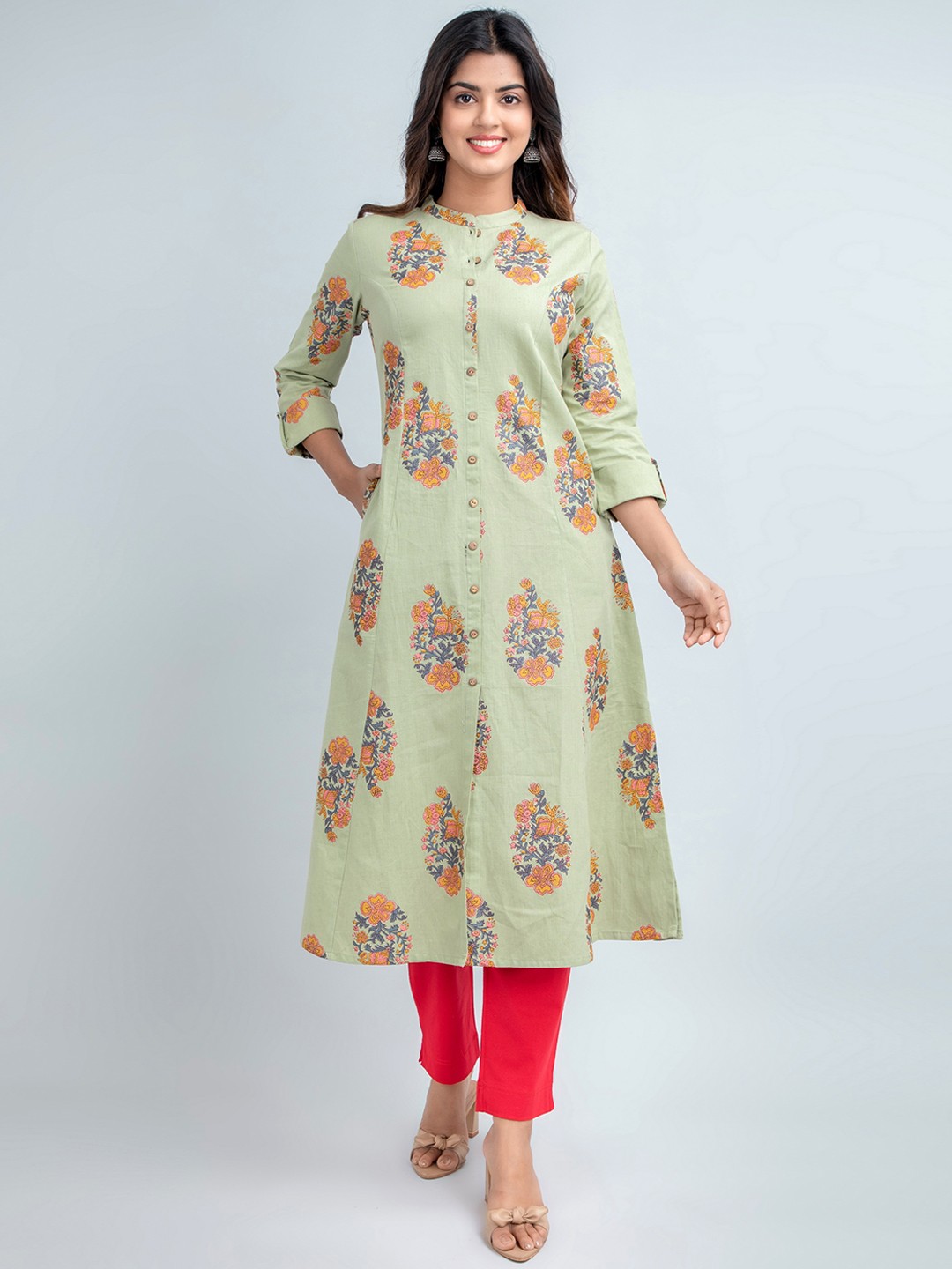 

SUTI Floral Printed A-Line Cotton Kurta, Green