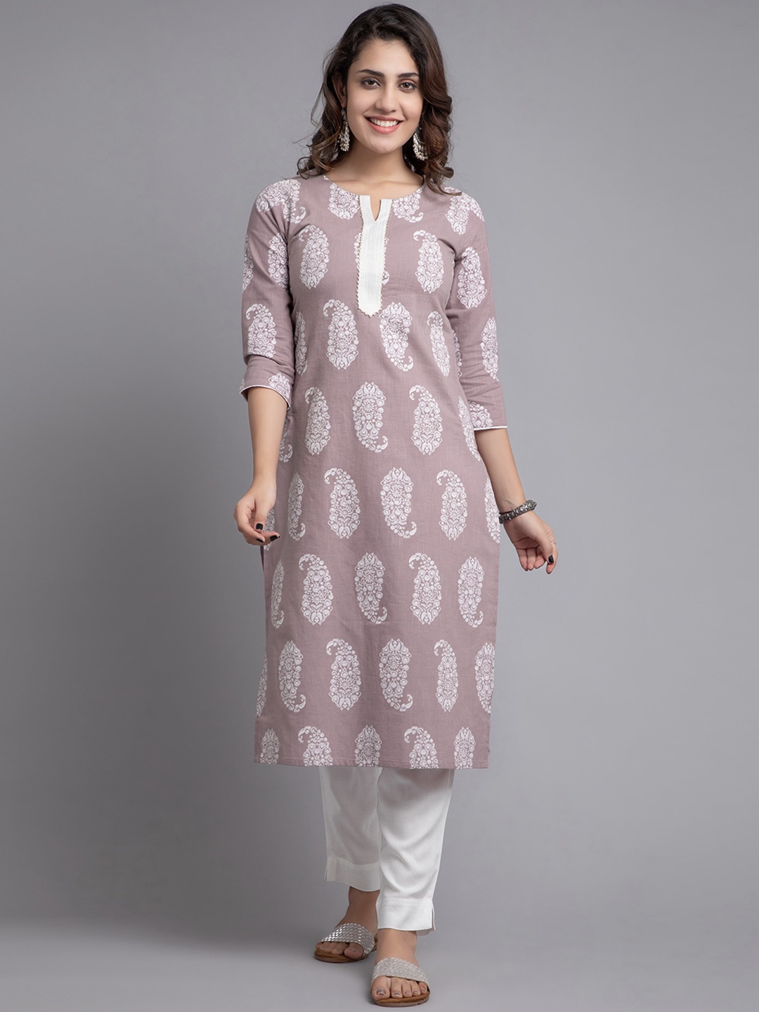 

SUTI Paisley Printed Notched Neck Gotta Patti Cotton Kurta, Mauve