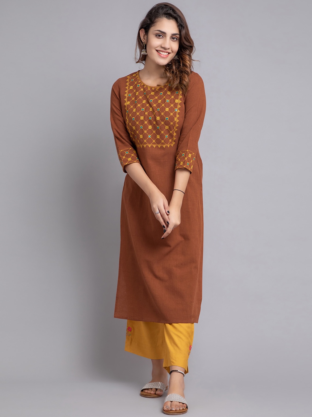 

SUTI Ethnic Motifs Embroidered Mirror Work Cotton Kurta, Brown
