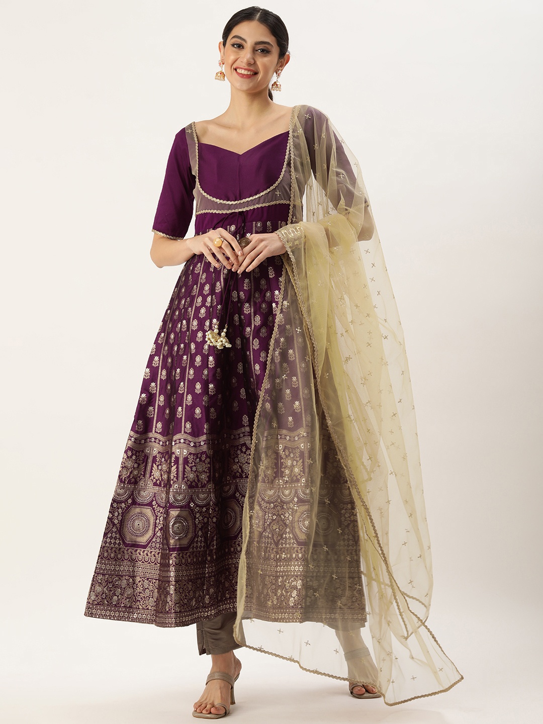 

Ethnovog Women Ethnic Motifs Regular Kurta With Trousers & With Dupatta, Purple