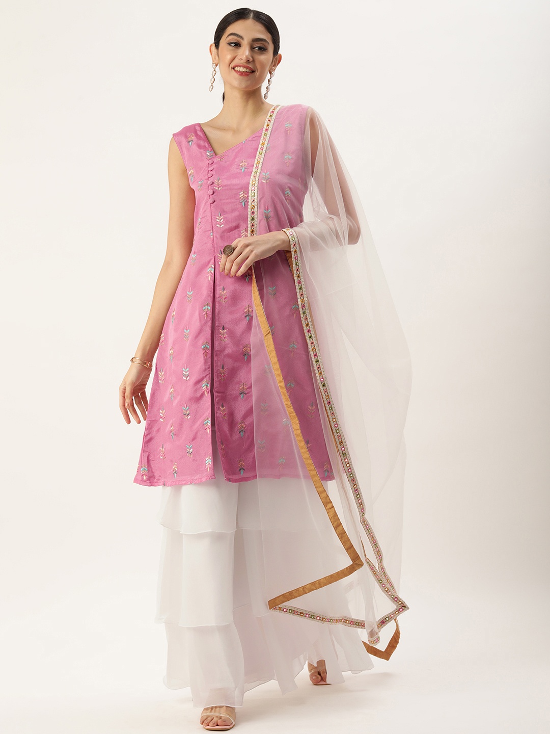 

Ethnovog Women Ethnic Motifs Embroidered Sequinned Kurta With Sharara & With Dupatta, Pink