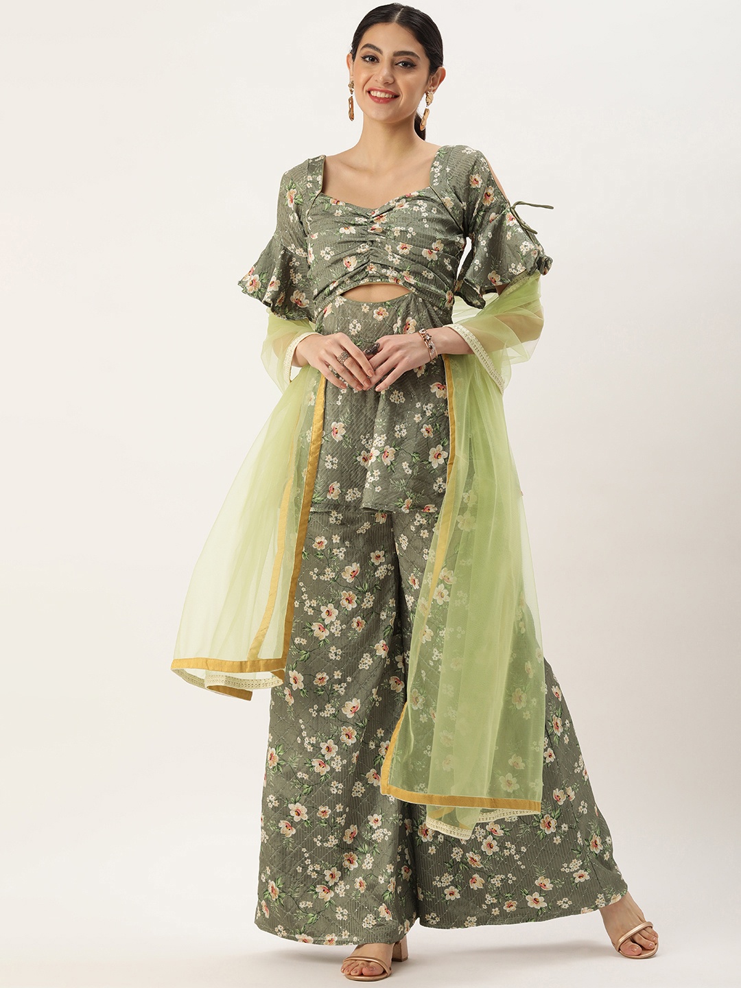 

Ethnovog Women Floral Printed Pleated Thread Work Kurti with Palazzos & With Dupatta, Green