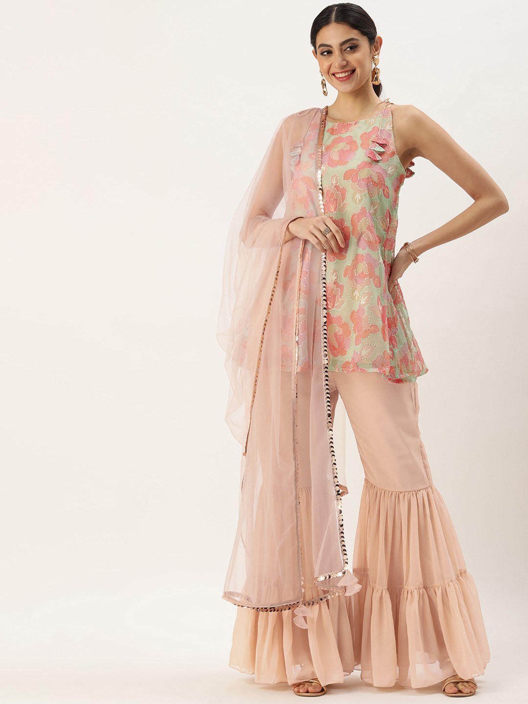 Ethnovog Women Floral Embroidered Regular Thread Work Kurti with Sharara & With Dupatta, Multi