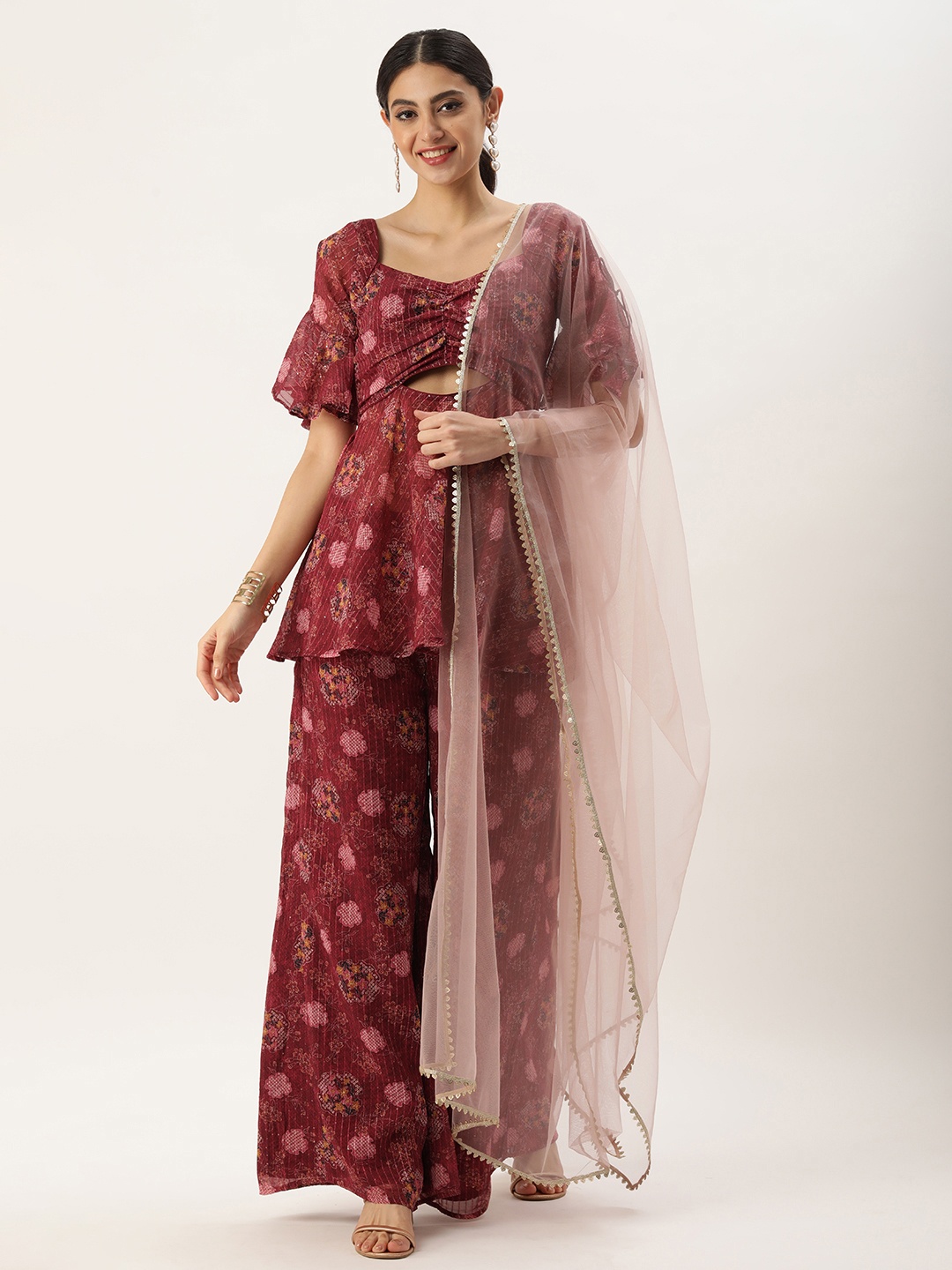 

Ethnovog Women Ethnic Motifs Printed Pleated Sequinned Kurti with Palazzos & With Dupatta, Purple