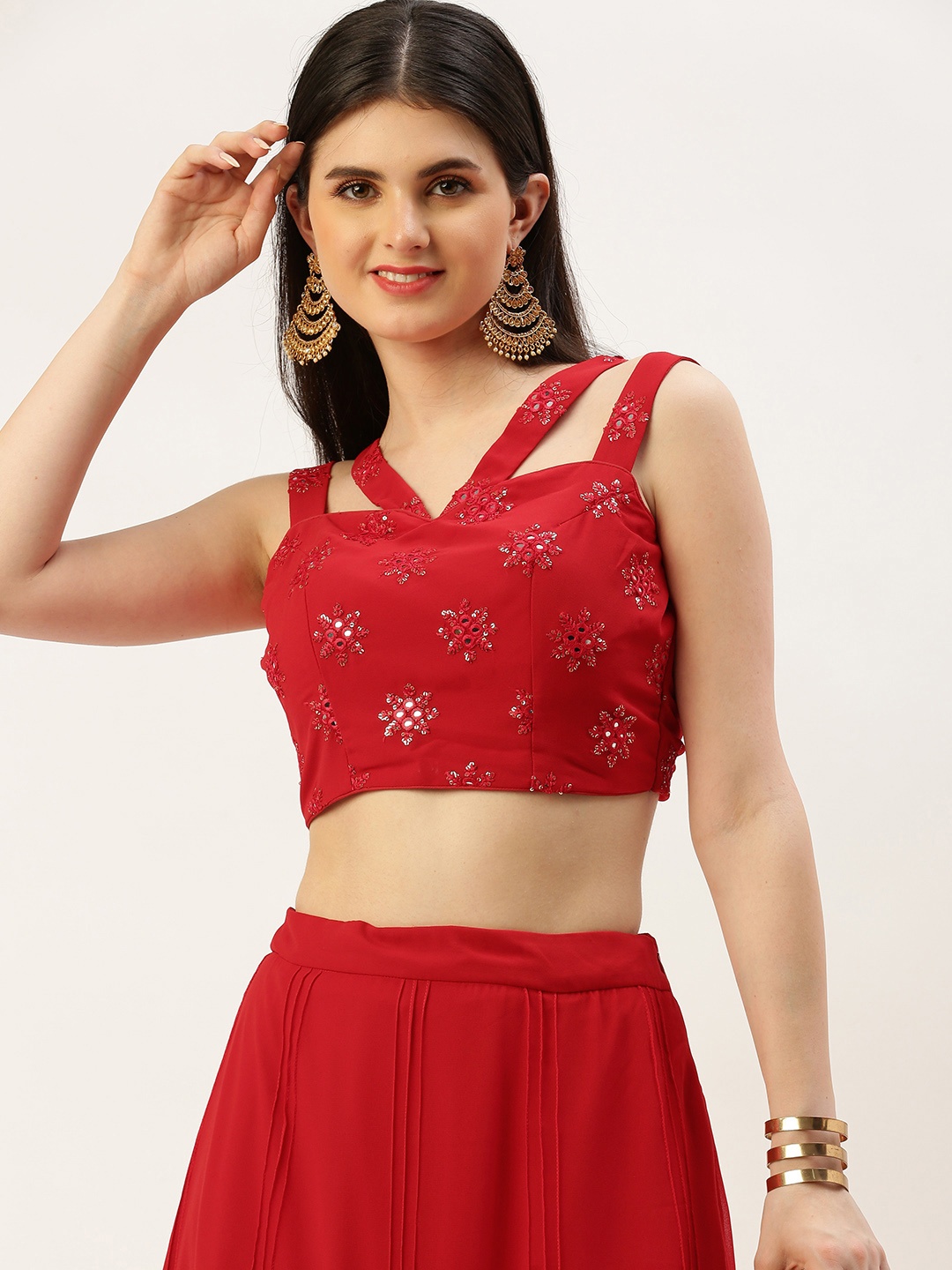 

Ethnovog Embroidered Georgette Top With Skirt, Red
