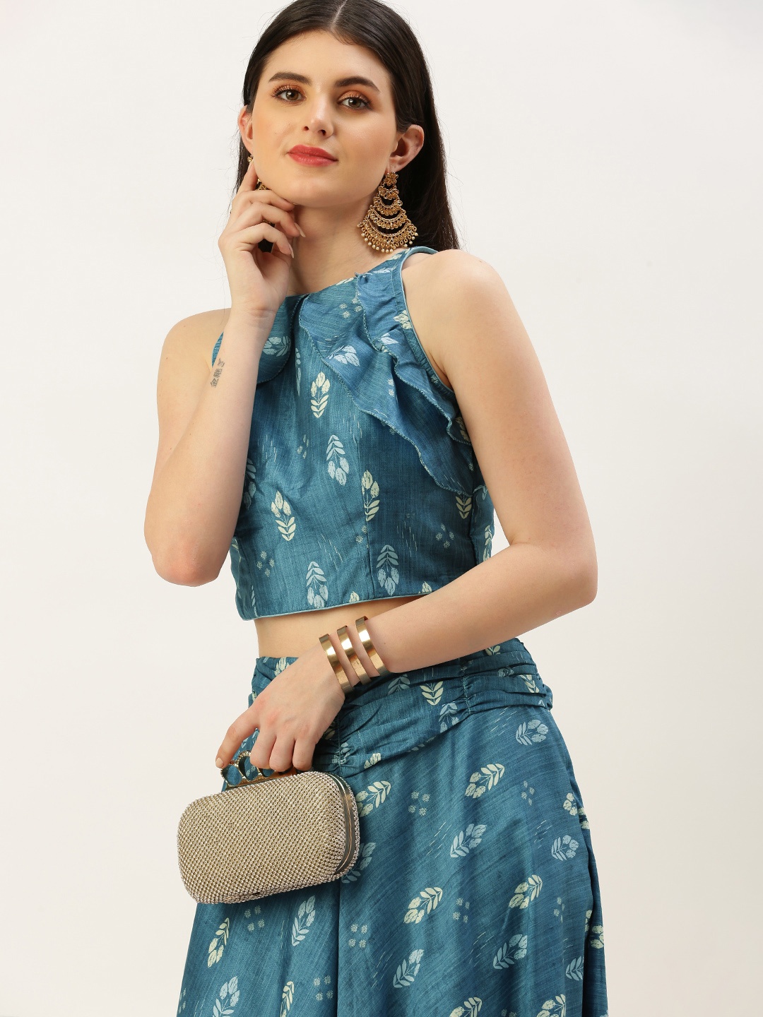 

Ethnovog Floral Printed Top & Skirt Co-Ords, Blue