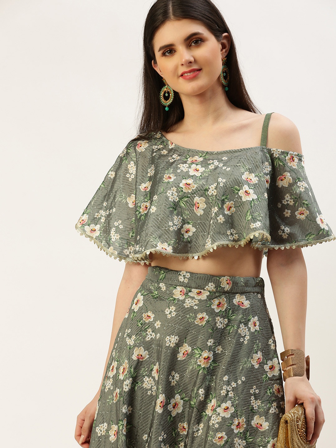 

Ethnovog Floral Printed Top & Skirt Co-Ords, Olive
