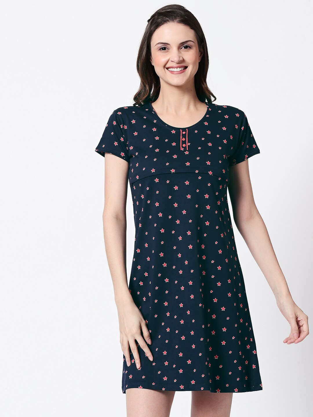 

Zeyo Conversational Printed Pure Cotton Maternity Nightdress, Navy blue