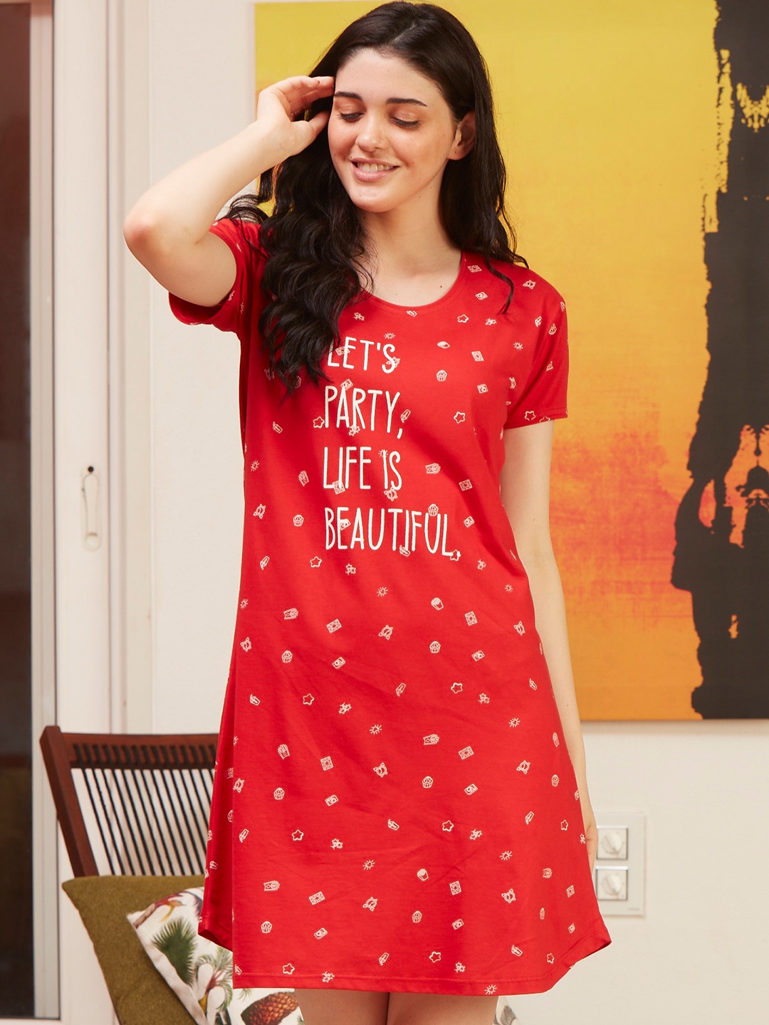 

Zeyo Conversational Printed Pure Cotton Nightdress, Red