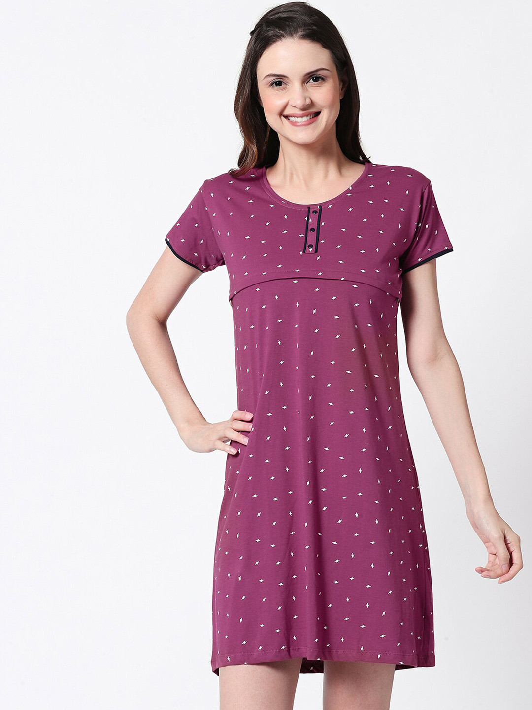 

Zeyo Geometric Printed Pure Cotton Maternity Nightdress, Purple
