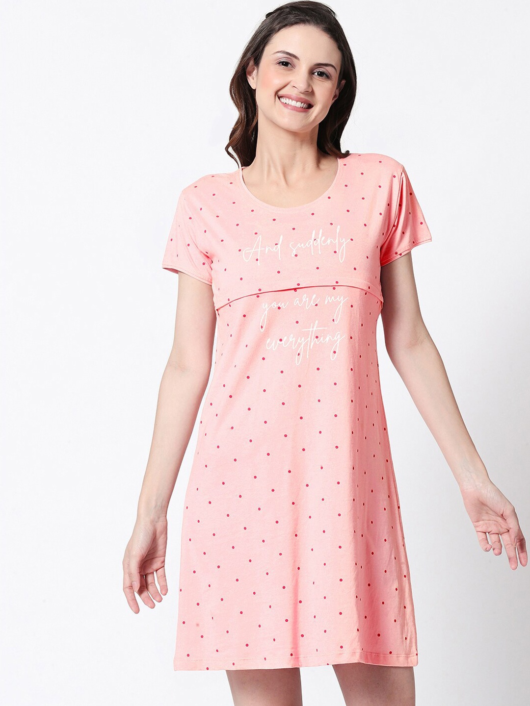 

Zeyo Polka Dots Printed Pure Cotton Nightdress, Pink