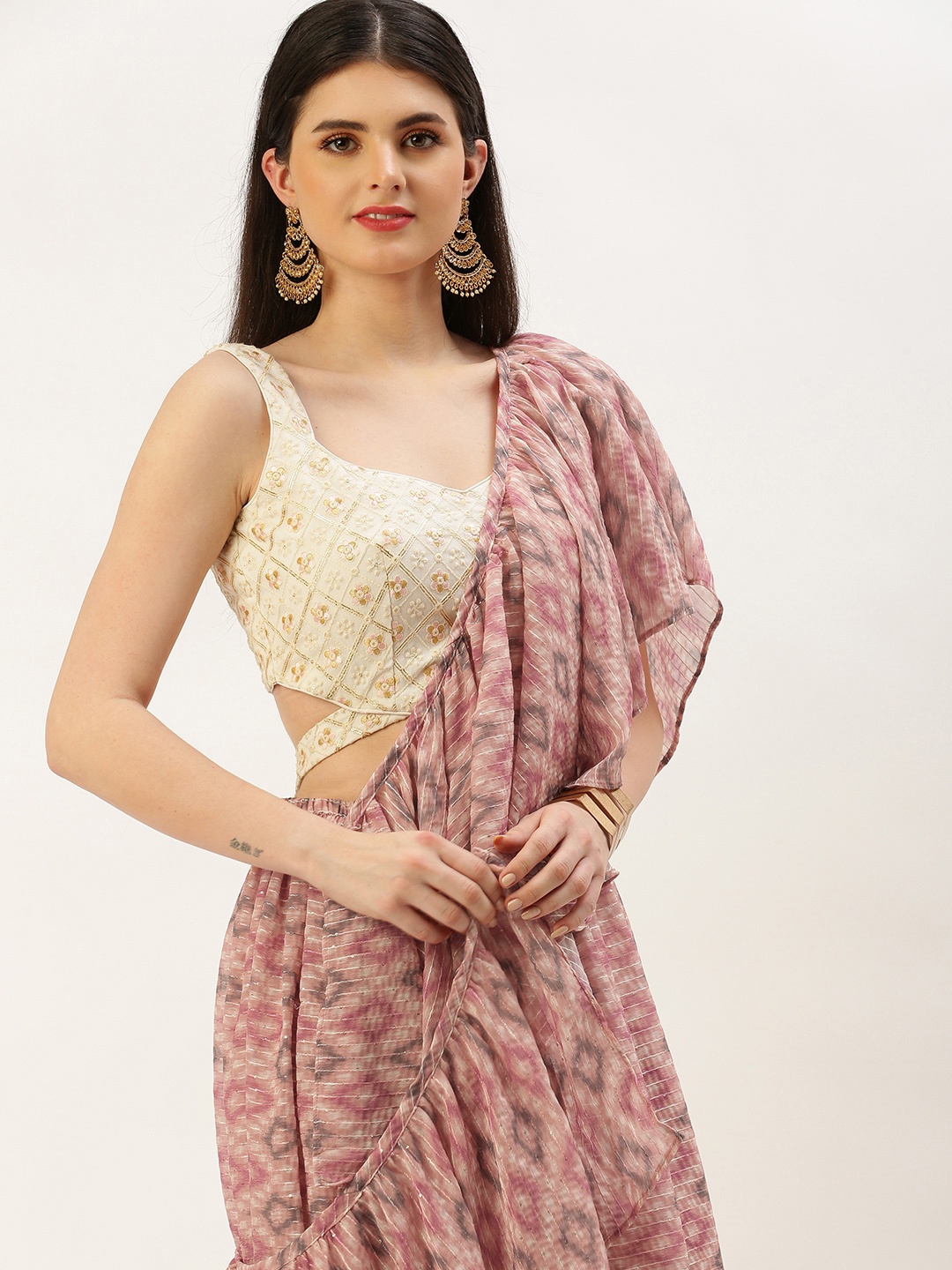 

Ethnovog Embroidered Thread Work Ready to Wear Lehenga & Blouse With Dupatta, Off white