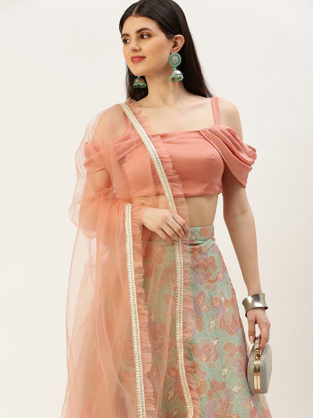 

Ethnovog Sequinned Ready to Wear Lehenga & Blouse With Dupatta, Peach