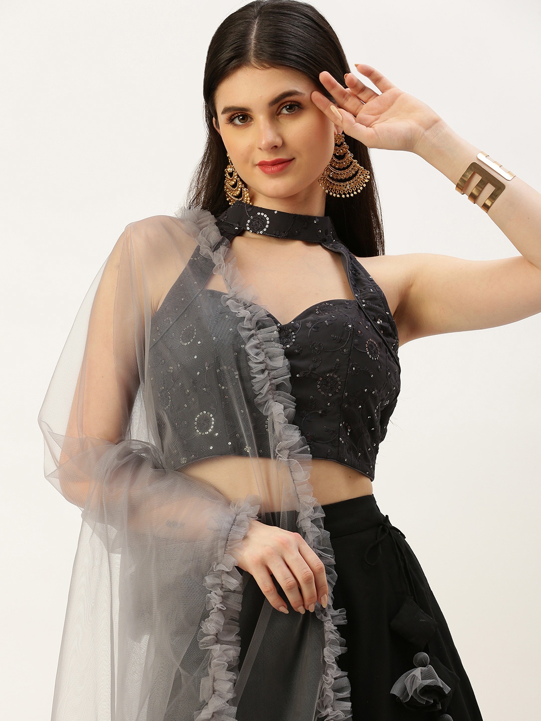 

Ethnovog Embellished Sequinned Ready to Wear Lehenga & Blouse with Dupatta, Grey