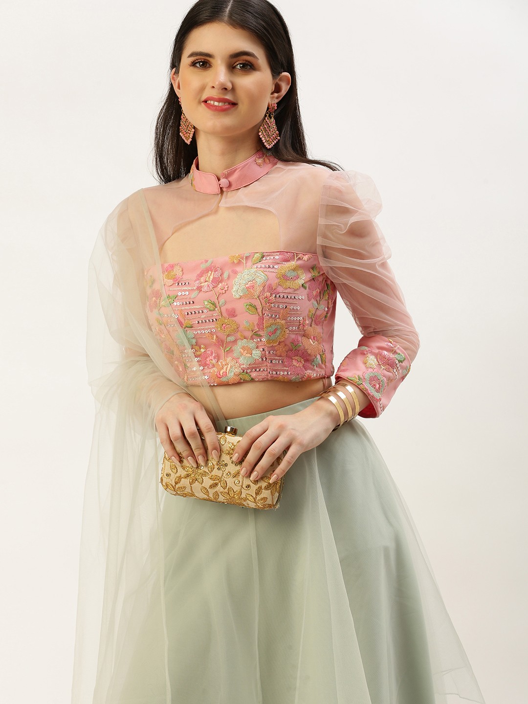 

Ethnovog Embroidered Sequinned Ready to Wear Lehenga & Blouse With Dupatta, Pink