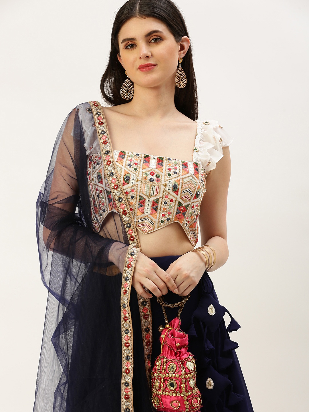 

Ethnovog Embroidered Mirror Work Ready to Wear Lehenga & Blouse With Dupatta, White