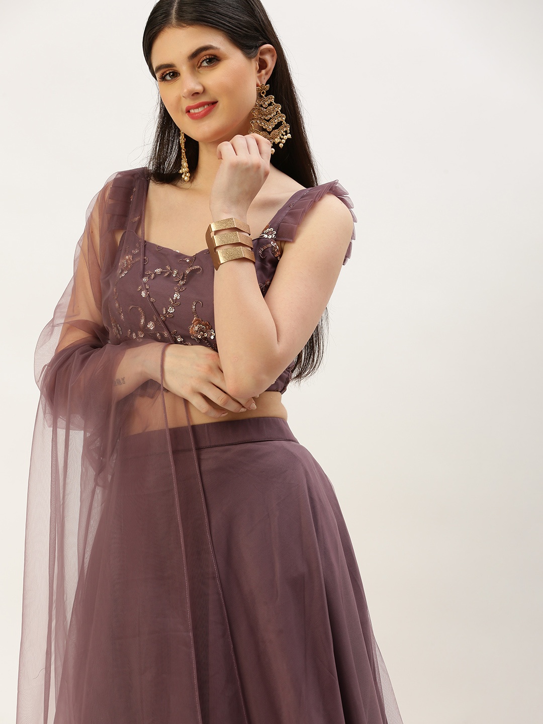 

Ethnovog Embellished Sequinned Ready to Wear Lehenga & Blouse With Dupatta, Purple