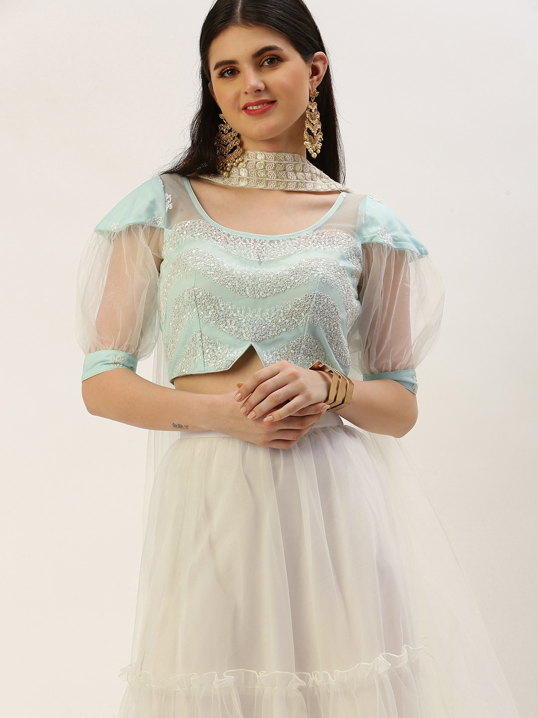 

Ethnovog Embroidered Thread Work Ready to Wear Lehenga & Blouse With Dupatta, Green