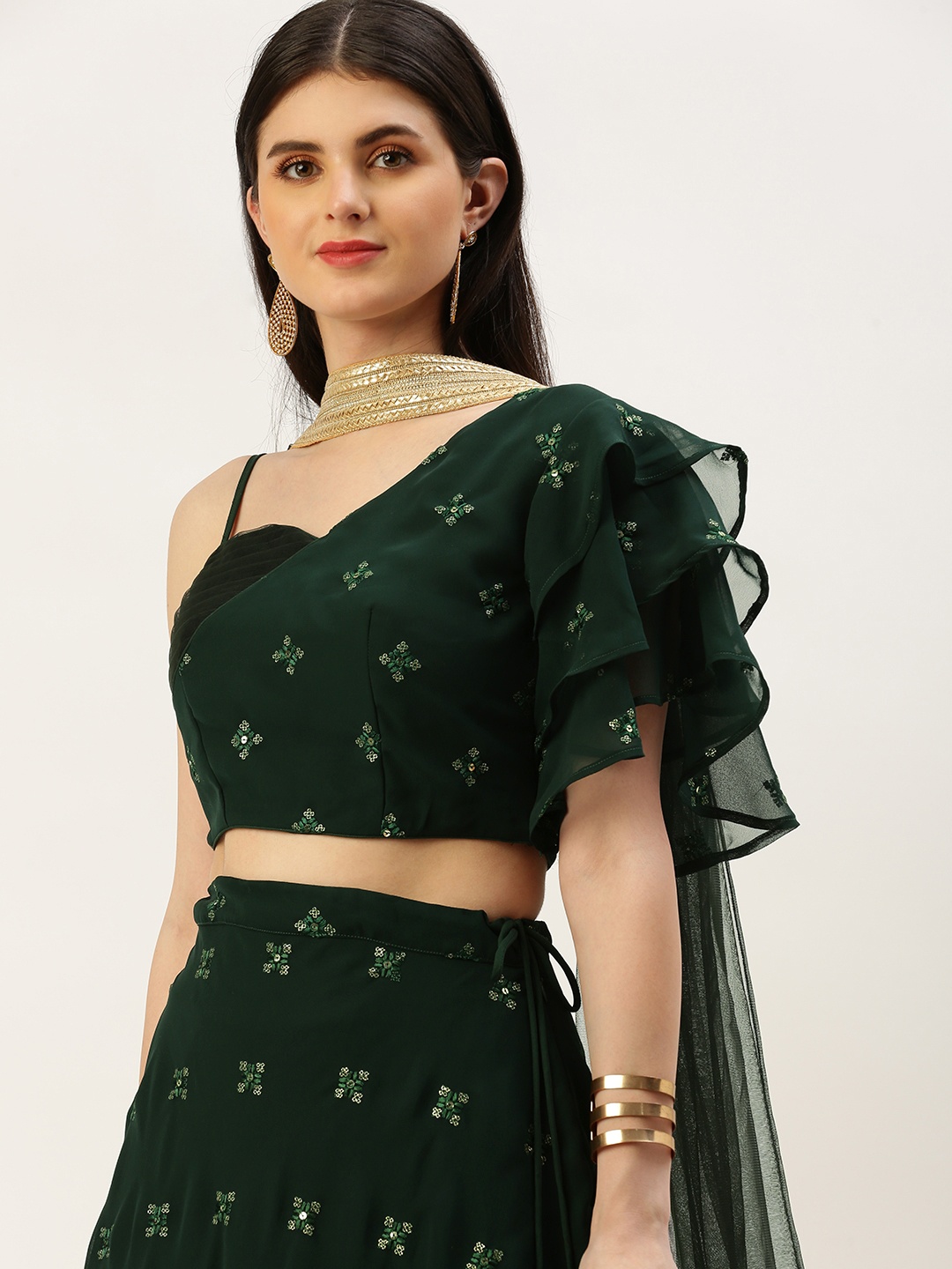 

Ethnovog Embellished Sequinned Ready to Wear Lehenga & Blouse With Attached Dupatta, Green