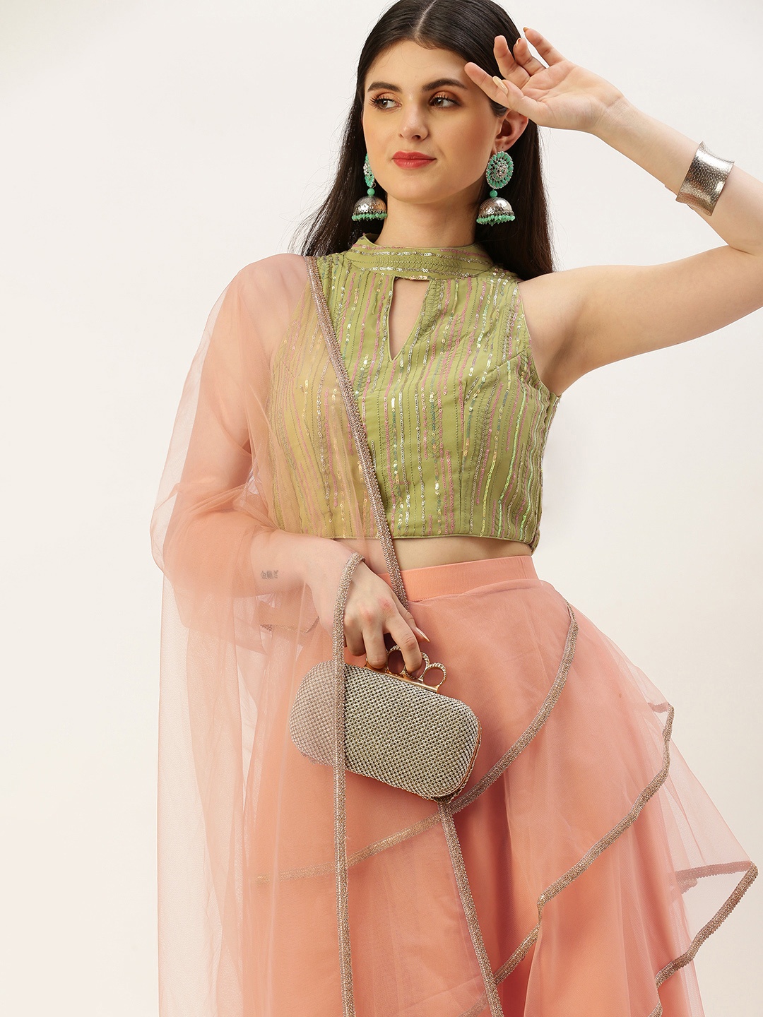 

Ethnovog Embellished Sequinned Ready to Wear Lehenga & Blouse With Dupatta, Green