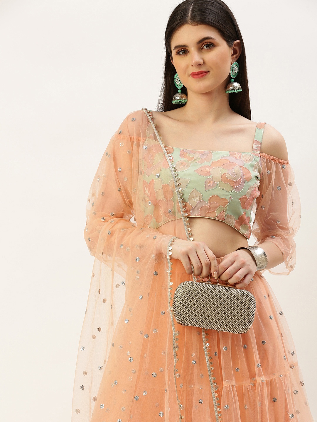 

Ethnovog Embellished Sequinned Ready to Wear Lehenga & Blouse With Dupatta, Peach