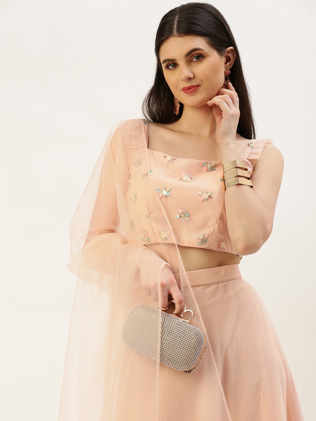 

Ethnovog Embellished Sequinned Ready to Wear Lehenga & Blouse With Dupatta, Peach