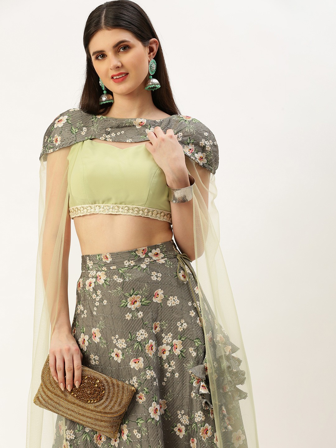 

Ethnovog Embellished Sequinned Ready to Wear Lehenga & Blouse with Attached Dupatta, Green