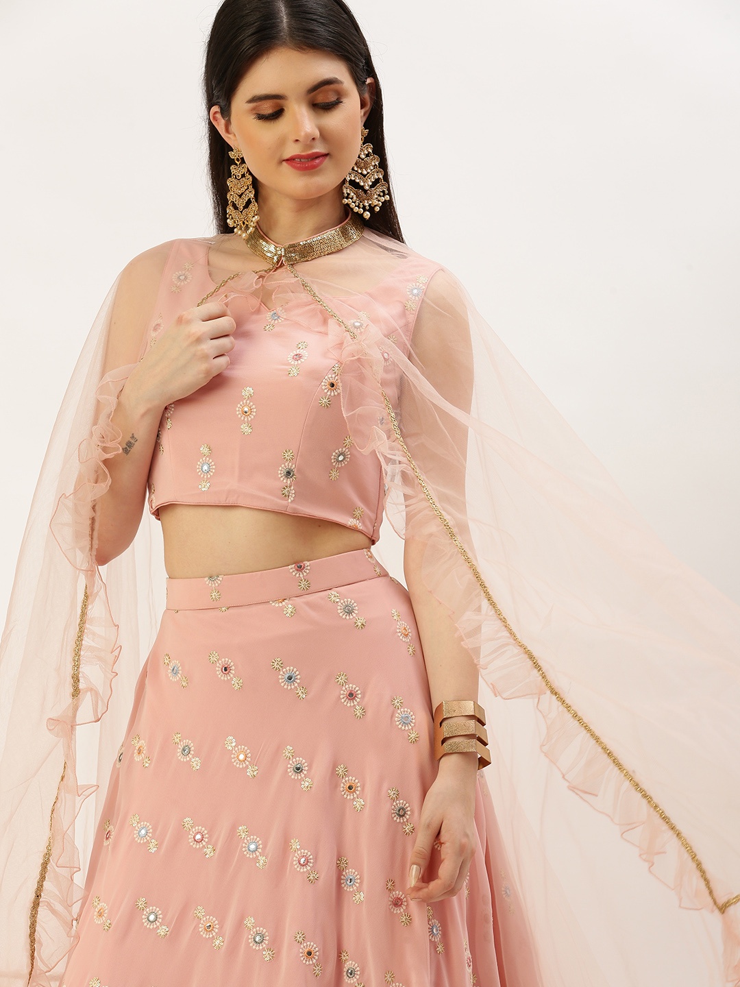 Ethnovog Embellished Mirror Work Ready to Wear Lehenga & Blouse with Attached Dupatta, Pink