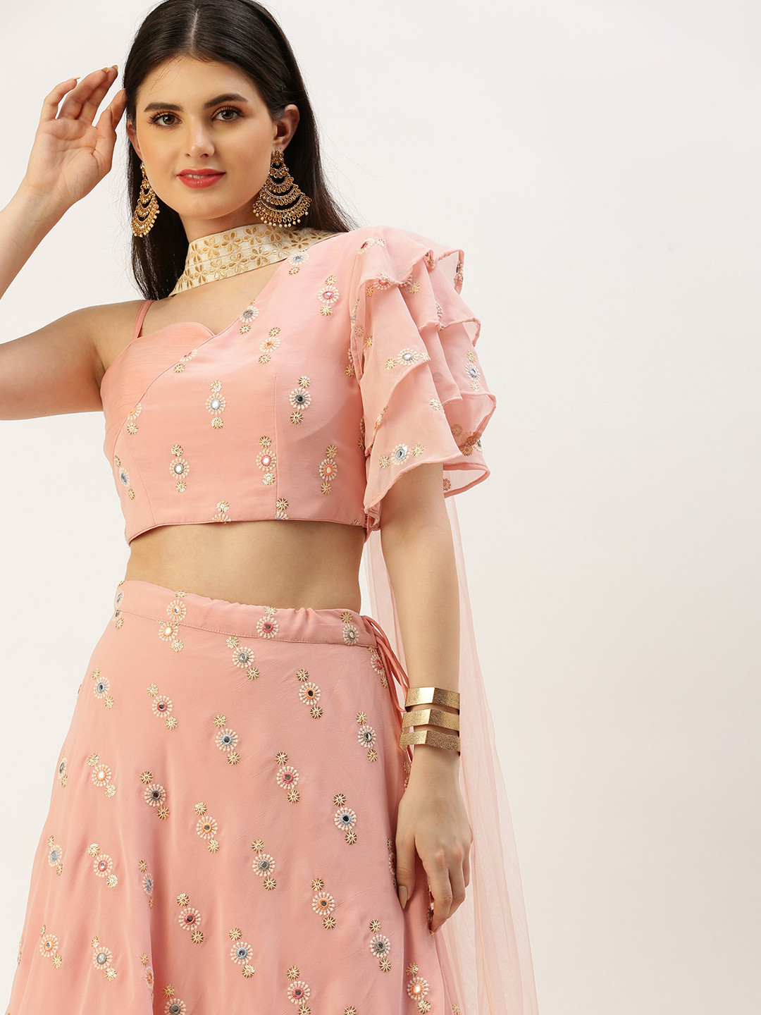 

Ethnovog Embellished Mirror Work Ready to Wear Lehenga & Blouse With Dupatta, Pink