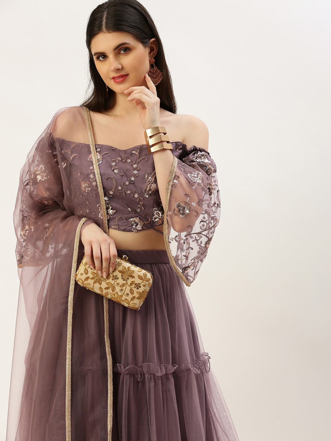

Ethnovog Embellished Sequinned Ready to Wear Lehenga & Blouse With Dupatta, Purple