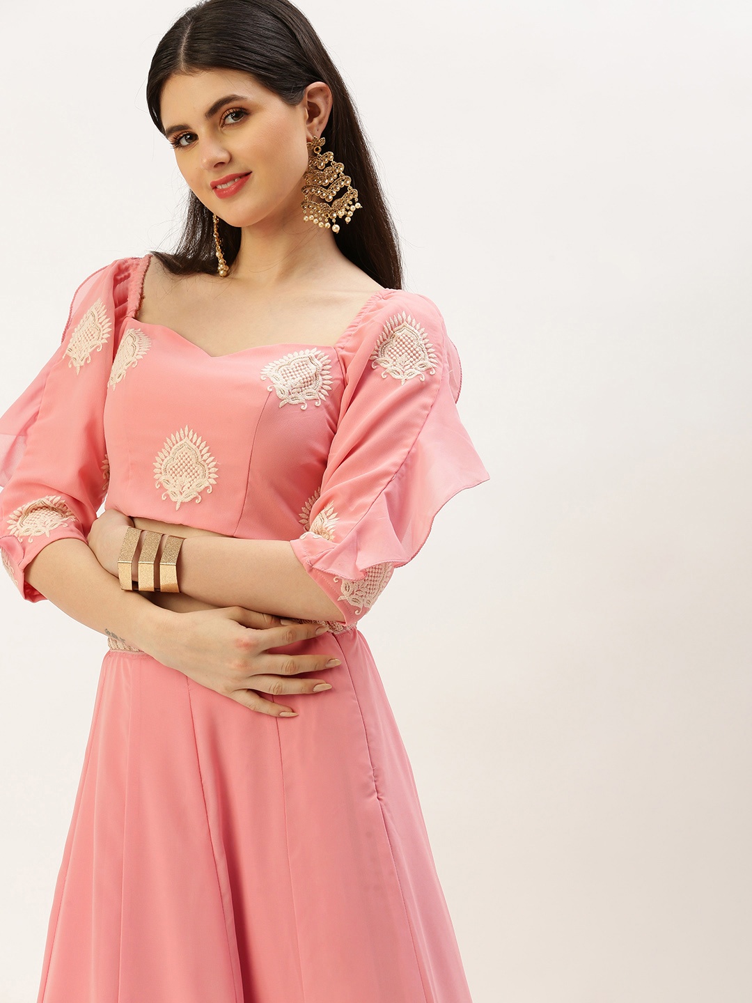 

Ethnovog Embroidered Thread Work Ready to Wear Lehenga & Blouse, Pink