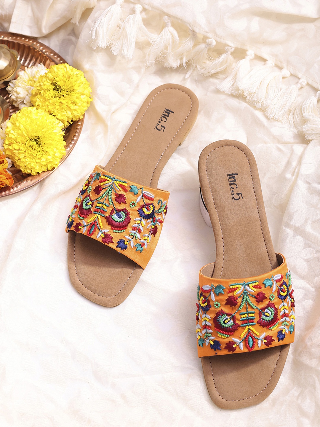 

Inc 5 Embroidered Open Toe Flats, Orange