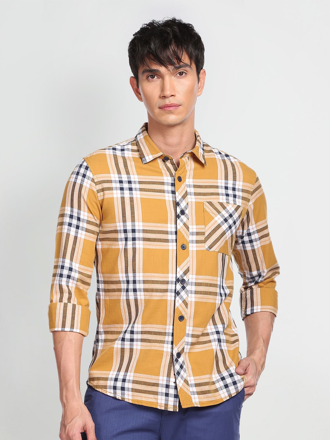 

Flying Machine Men Opaque Checked Pure Cotton Twill Casual Shirt, Yellow