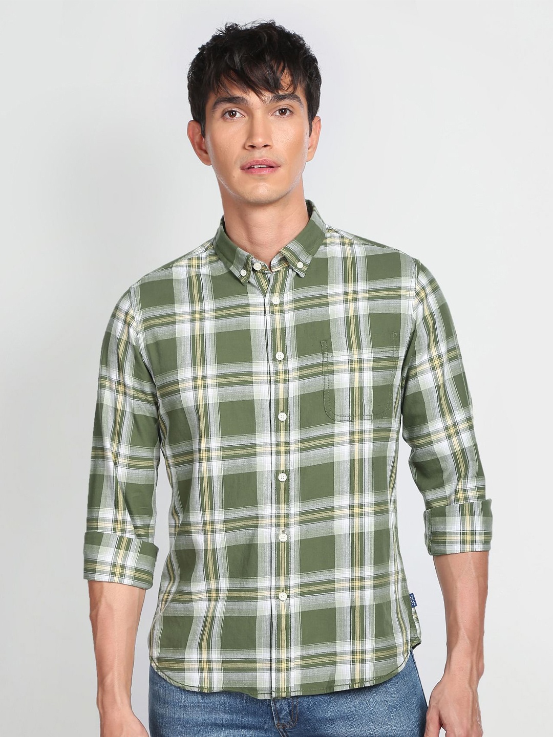 

Flying Machine Men Tartan Checks Pure Cotton Checked Twill Casual Shirt, Green