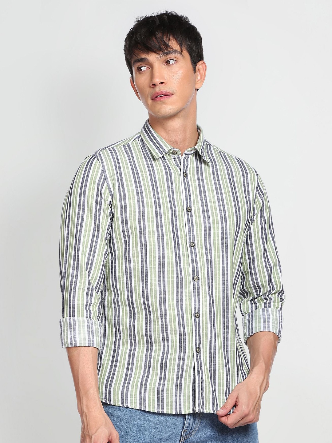 

Flying Machine Men Pure Cotton Opaque Striped Casual Shirt, Green