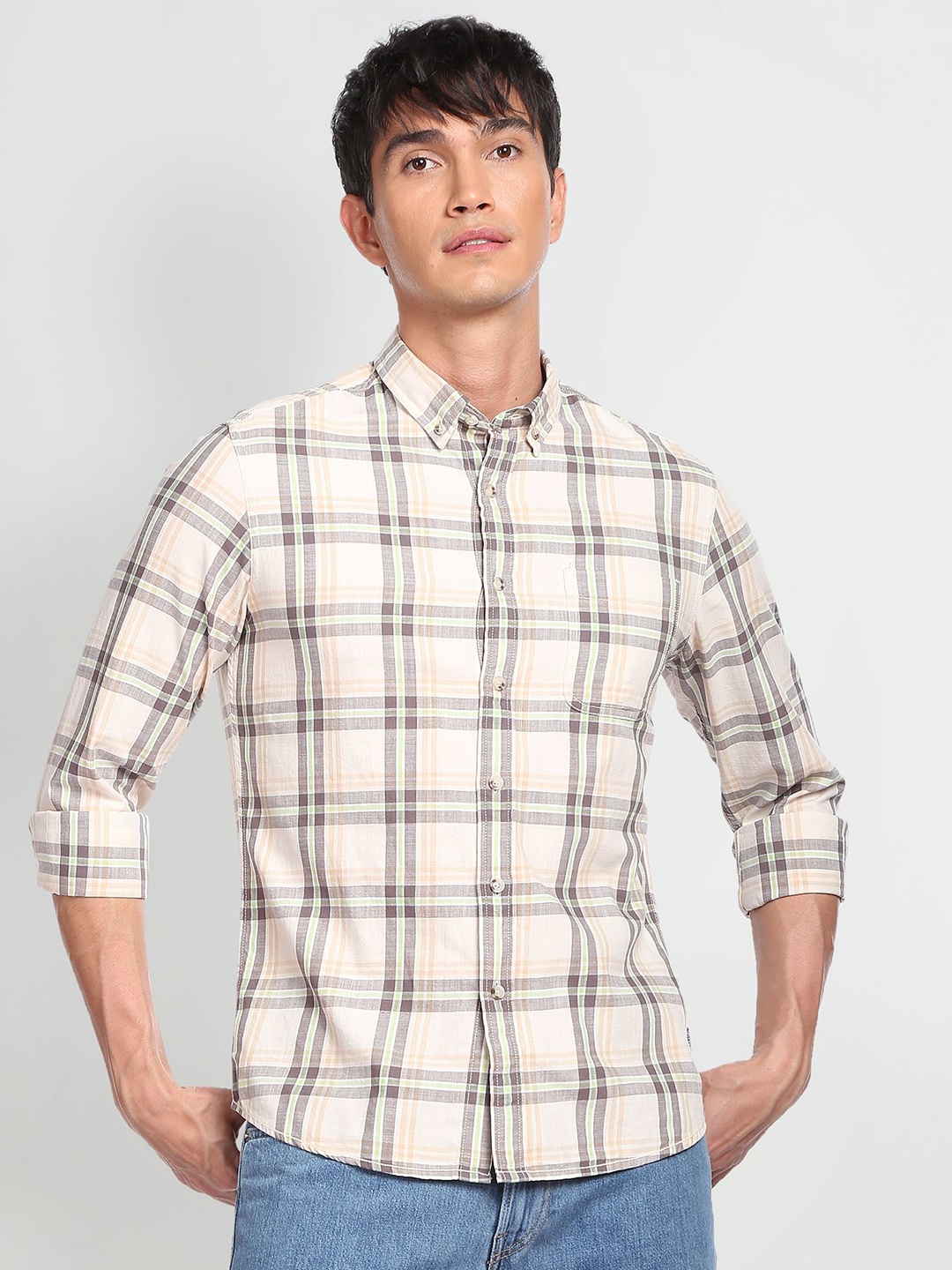 

Flying Machine Tartan Checked Button Down Collar Pure Cotton Casual Shirt, Beige