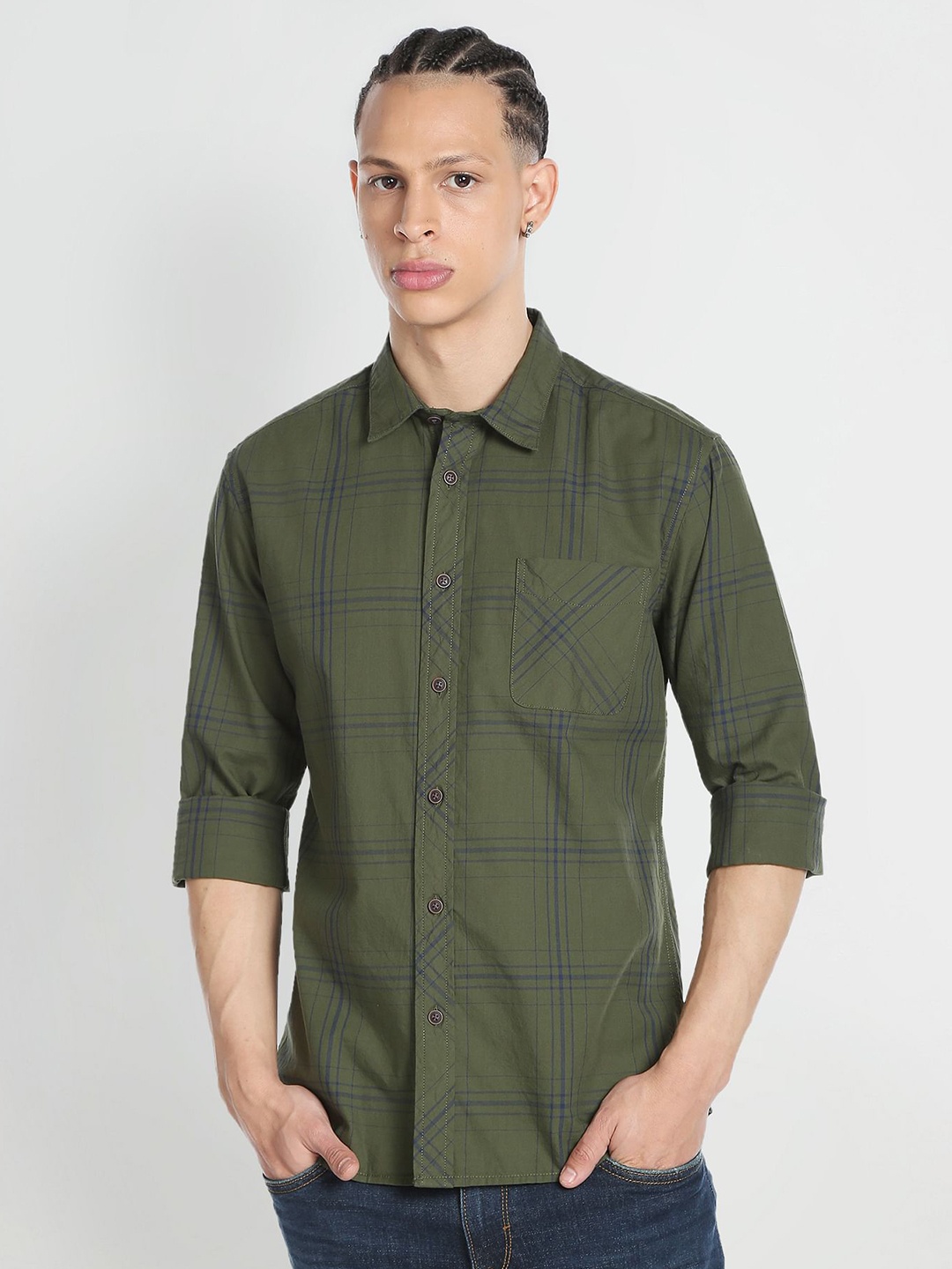 

Flying Machine Spread Collar Slim Fit Checked Pure Cotton Casual Shirt, Green