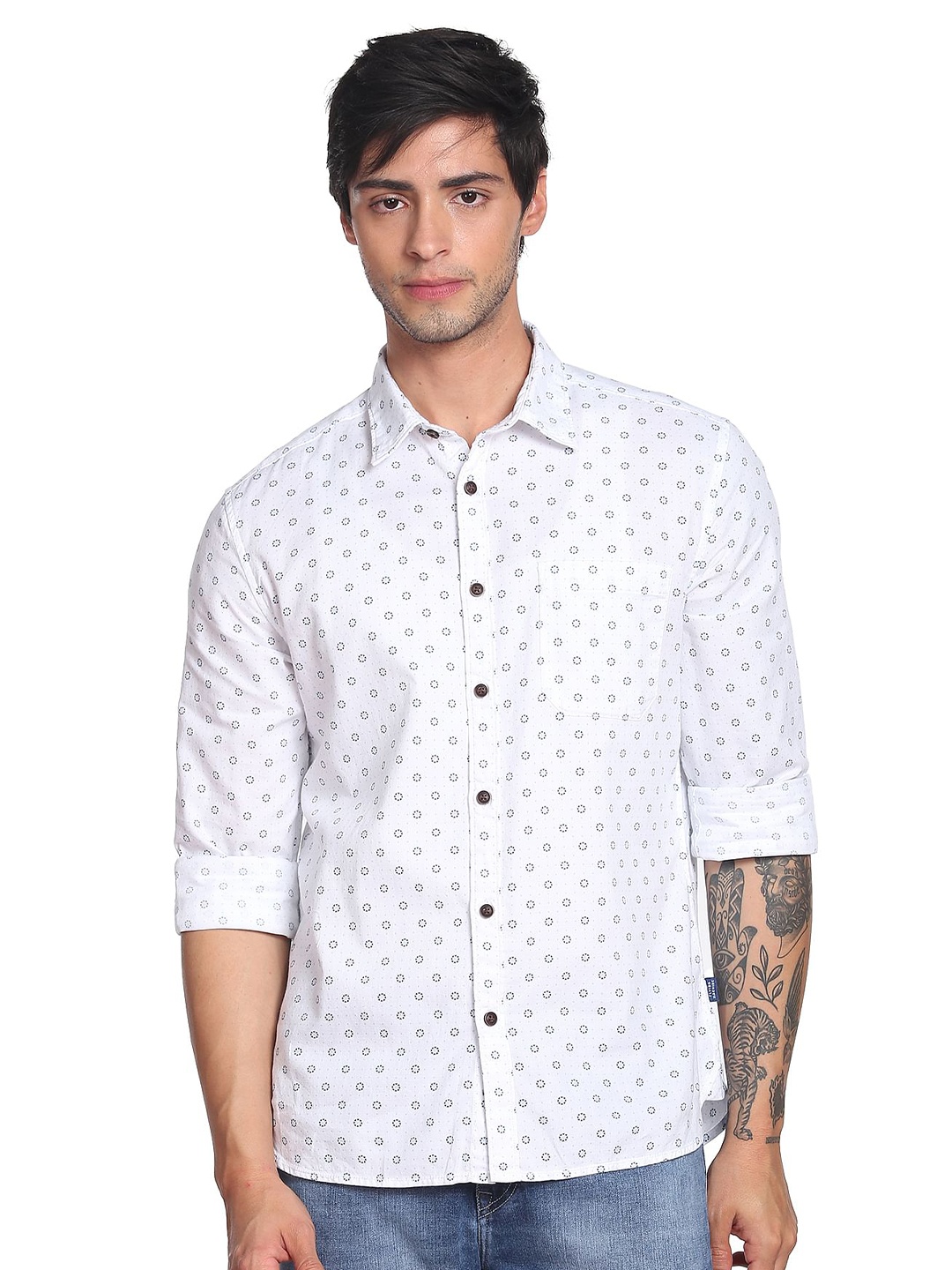 

Flying Machine Spread Collar Slim Fit Micro Ditcy Printed Pure Cotton Casual Shirt, White