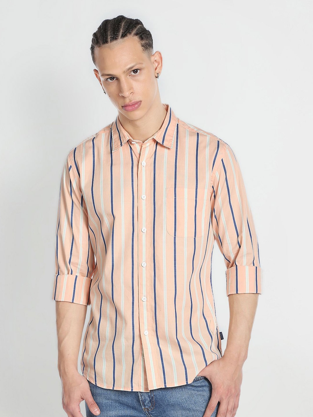 

Flying Machine Striped Pure Cotton Casual Shirt, Peach