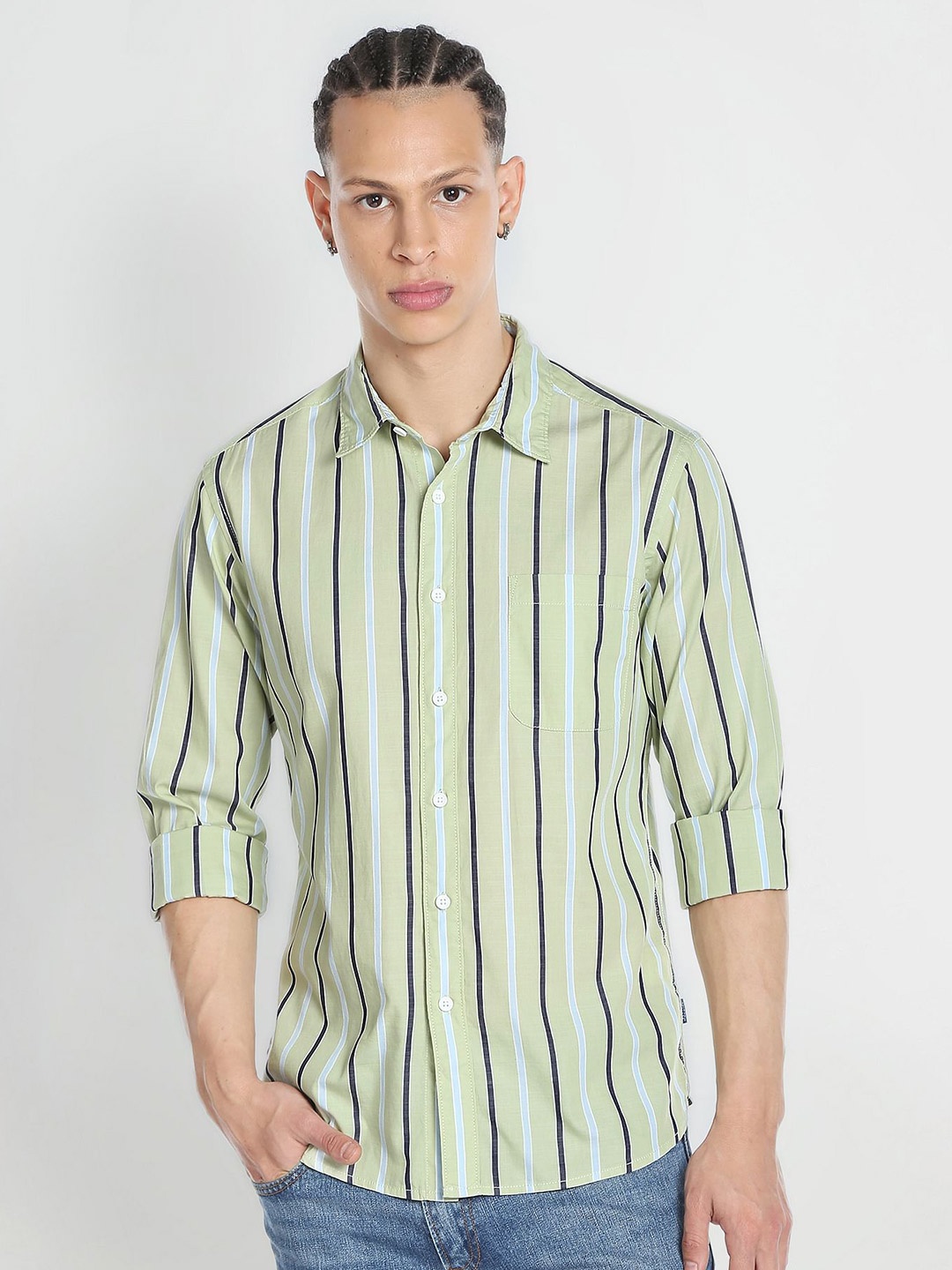

Flying Machine Men Pure Cotton Opaque Striped Casual Shirt, Green