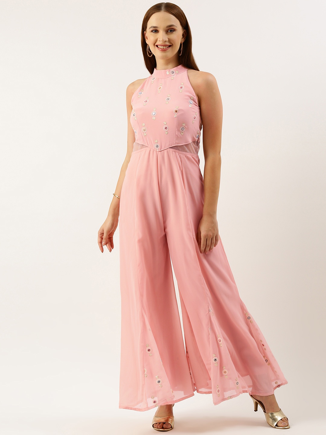 

Ethnovog Halter Neck Embroidered Basic Jumpsuit, Pink