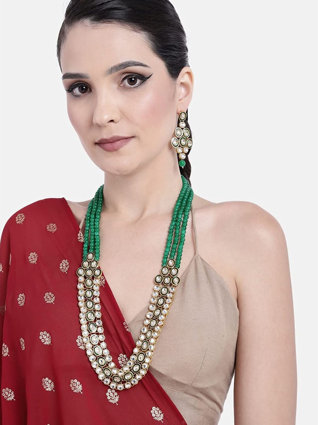 

I Jewels 18Kt Gold-Plated Kundan-Studded & Beaded Necklace and Earrings