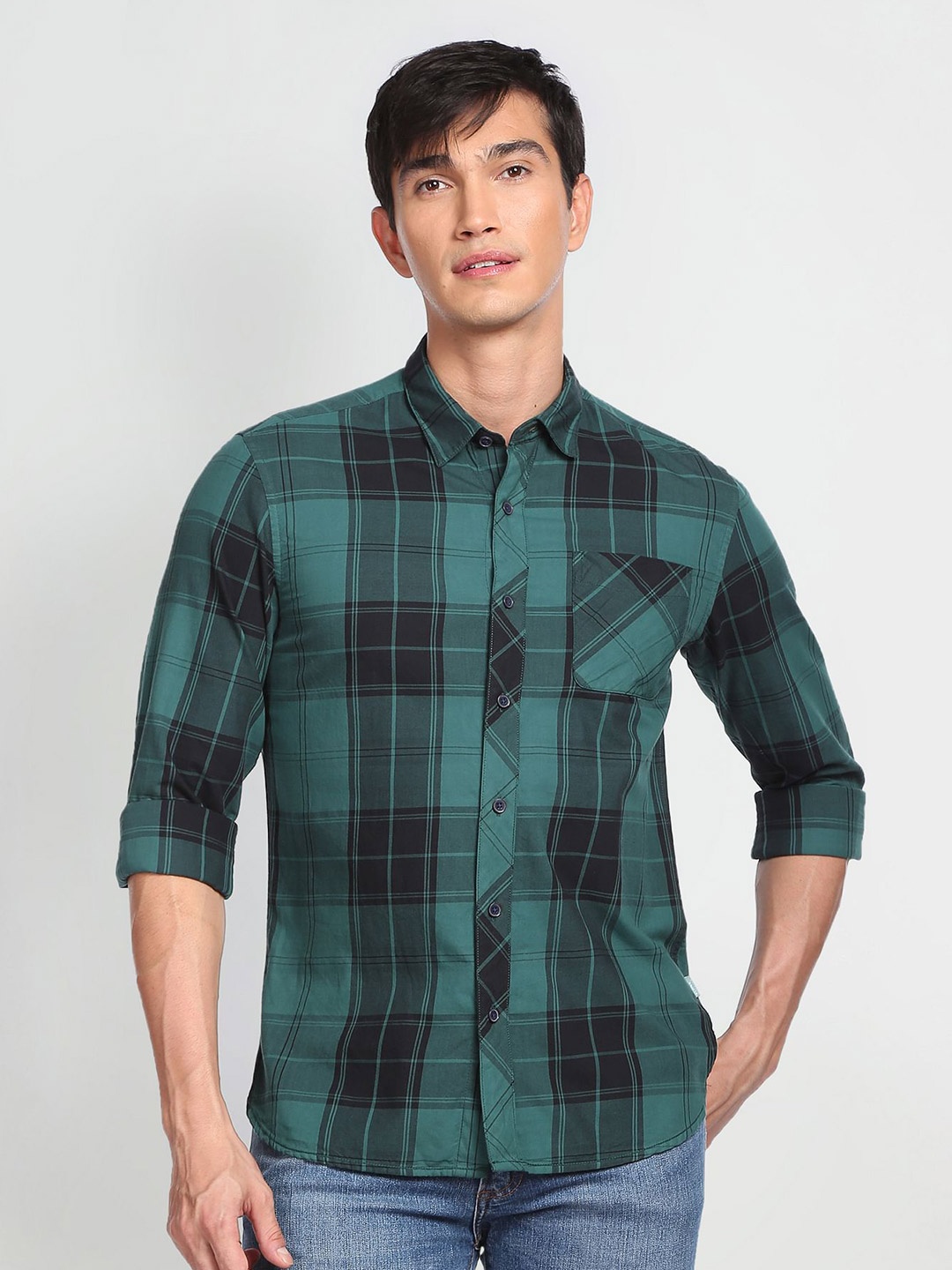 

Flying Machine Tartan Checked Pure Cotton Casual Shirt, Teal