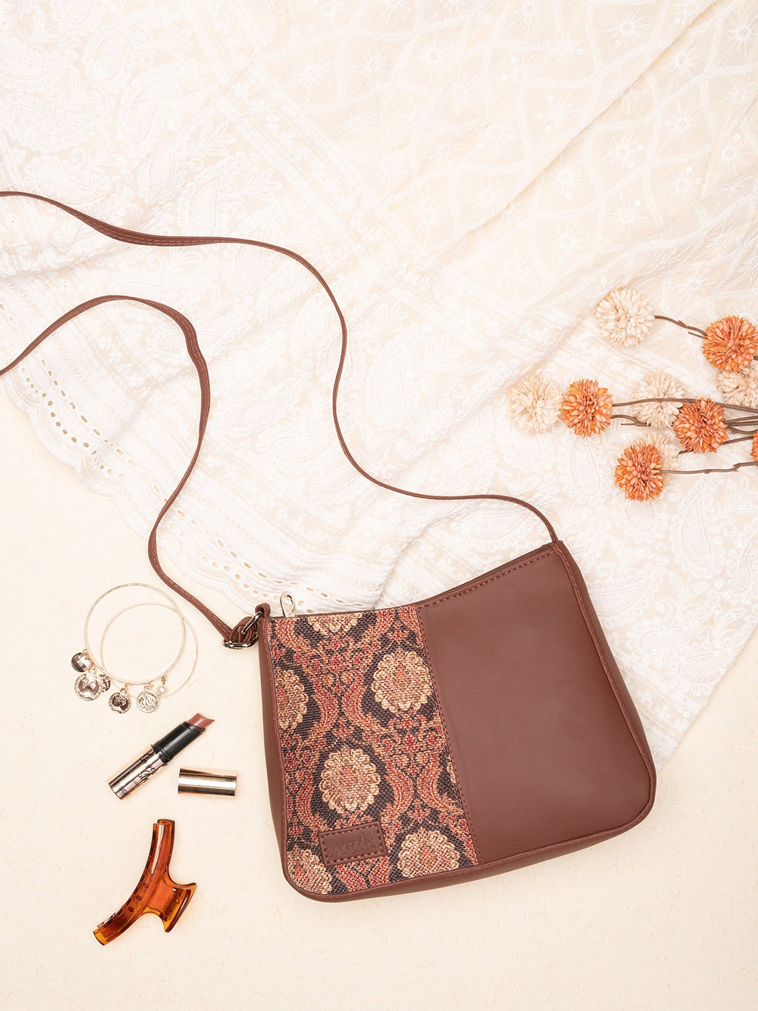 

ZOUK Printed Water Resistant Structured Sling Bag, Brown