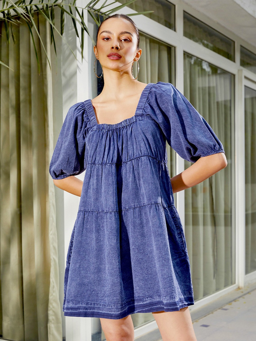 

SASSAFRAS Square Neck Tiered Pure Cotton Mini A-Line Dress, Blue